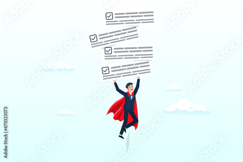Businessman superhero flying with completed task boards, task management, task list to finish, productivity to complete work within deadline, efficiency to organize project checklist (Vector)