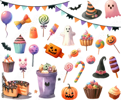 ハロウィンモチーフのセット、トリックオアトリート！お菓子セットの水彩イラスト