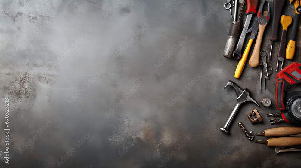 Obraz premium Top view of construction tools on blackboard background with copy space
