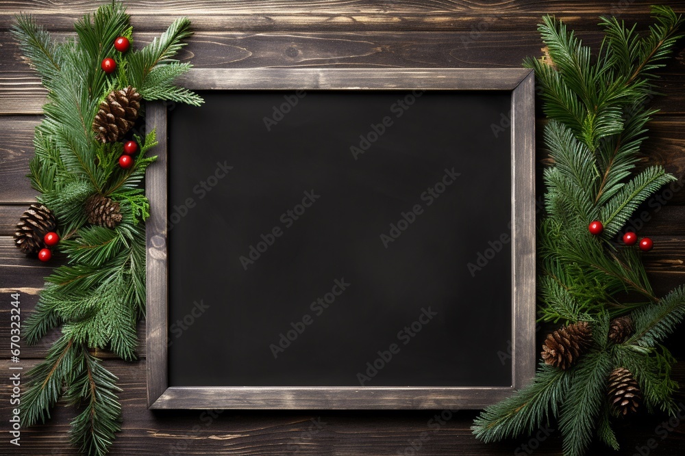 Wood chalkboard sign with frame on christmas natural background