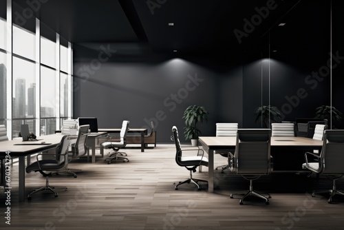 interior office black modern room three-dimensional rendering copy space furniture loft real estate architecture design inside indoor floor wall style meeting workplace desk chair computer