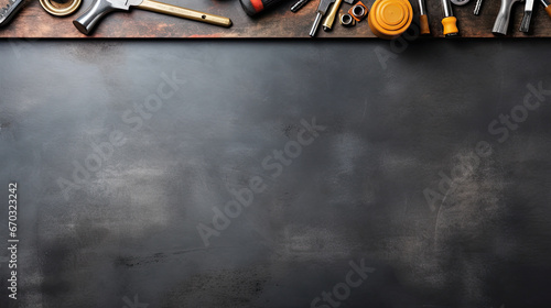 Top view of construction tools on blackboard background with copy space