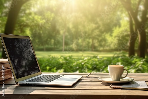 office outdoor coffee laptop work nature outside green business chart finance book desk table summer background cyberspace sun notebook hot drink cup technology computer desktop natural photo