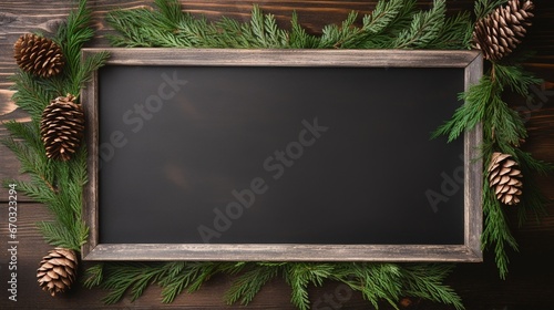 Wood chalkboard sign with frame on christmas natural background