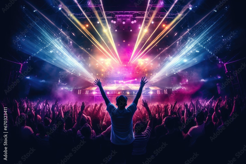 lasers nightclub hands dj laser concert festival club dancing party crowd music people light disco night dance stage rock event show entertainment audience live - obrazy, fototapety, plakaty 