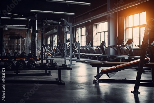 interior background room gym fitness center fully equip bodybuilding equipments machines nobody indoor recreation steel trainer health healthy training elliptical dumbbell barbell wellness strength photo