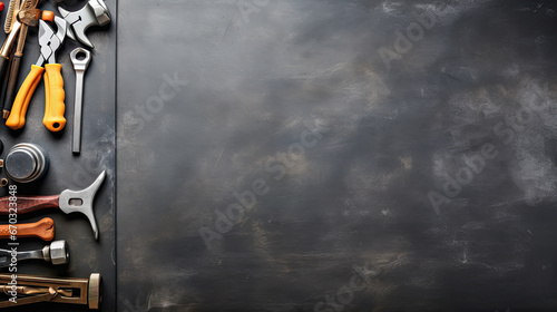 Top view of construction tools on blackboard background with copy space