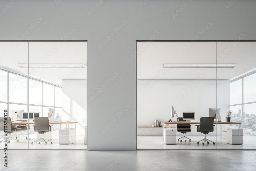 wall mock interior office White open space design city view empty computer modern desk loft chair render three-dimensional table background business furniture room corporate work glasses nobody - obrazy, fototapety, plakaty 