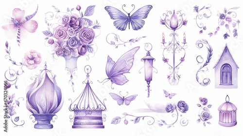set collection of purple delicate accessories of a fairy princess watercolor drawing isolated on a white background  soft lavender color © kichigin19