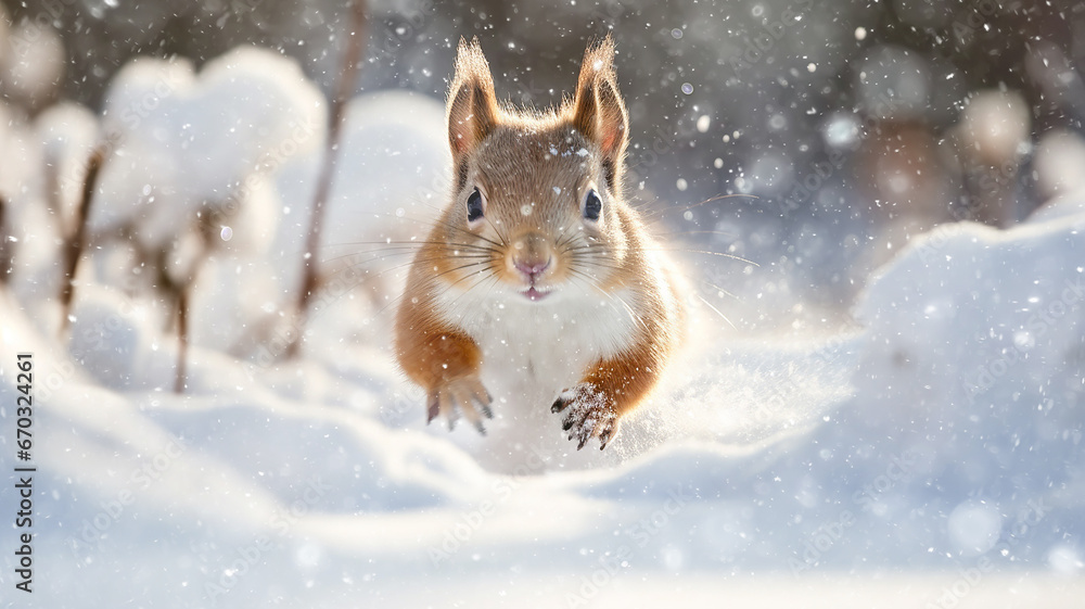 squirrel in winter, a cute fluffy squirrel in the wild runs through fluffy snow in a snowfall in a dynamic pose squirrel in winter, a cute fluffy squirrel in the wild runs through fluffy snow in a snowfall in a dynamic pose
