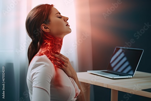 concept medical healthcare area pain highlights red injury pain shoulder neck women young  pain work woman neck back office posture asian working ache young bad chair businesswoman people photo