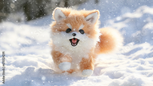 fox, fluffy plush children's toy running through the winter snow, snowfall, snowflakes falling cold christmas season, greeting card © kichigin19