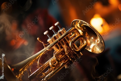 closeup trumpet fragment part instrument music musical brass shiny metal valva wind entertainment mouthpiece cornet horizontal blurred image metallic art equipment jazz photo
