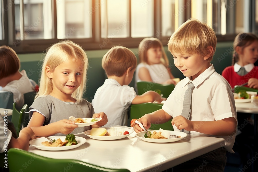 Cafeteria Lunch Healthy Enjoying Pupils Elementary pupil school primary eating together education student us indoor playground meal food sitting table tray happy smiling horizontal