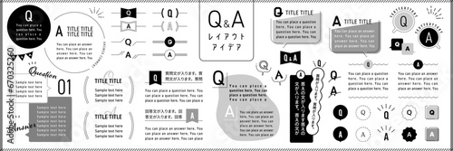 Q&A レイアウトアイデアセット モノクロ / オープンパス有り　編集可能 / イラスト,フレーム,あしらい,見出し,タイトル,テンプレート