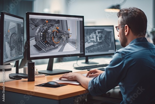 design industrial specialising facility engineering background drawings details technical shows screen computer desktop software cad working engineer shot shoulder over room office photo