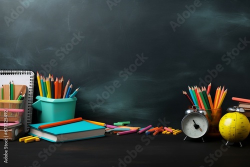 lay flat view top blackboard classroom bus stationery concept school back education rudiments up high accessory achievement background board chalk class college crayons creative design desk photo