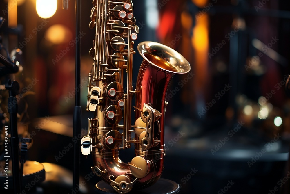 stage saxophone concert jazz music instrument musical club black blue band art shine brass detail background orchestra performance sax metal sound buttons woodwind retro - obrazy, fototapety, plakaty 