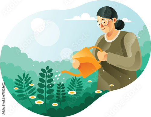 Woman Watering Plants illustration