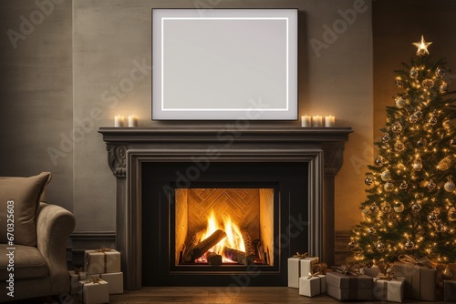 Mock up of a blank frame above a fireplace