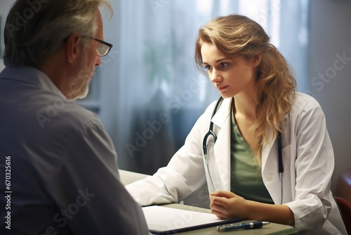 doctor patient shot middle aged female sitting front laptop consulting portrait woman health healthy client professional occupation care hospital clinic discussion practitioner meeting people