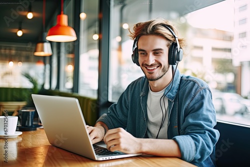 device laptop table sitting indoors rest headphones teenager male positive cafeteria learning playlist music favourite time enjoying guy hipster smiling happy portrait one person photo