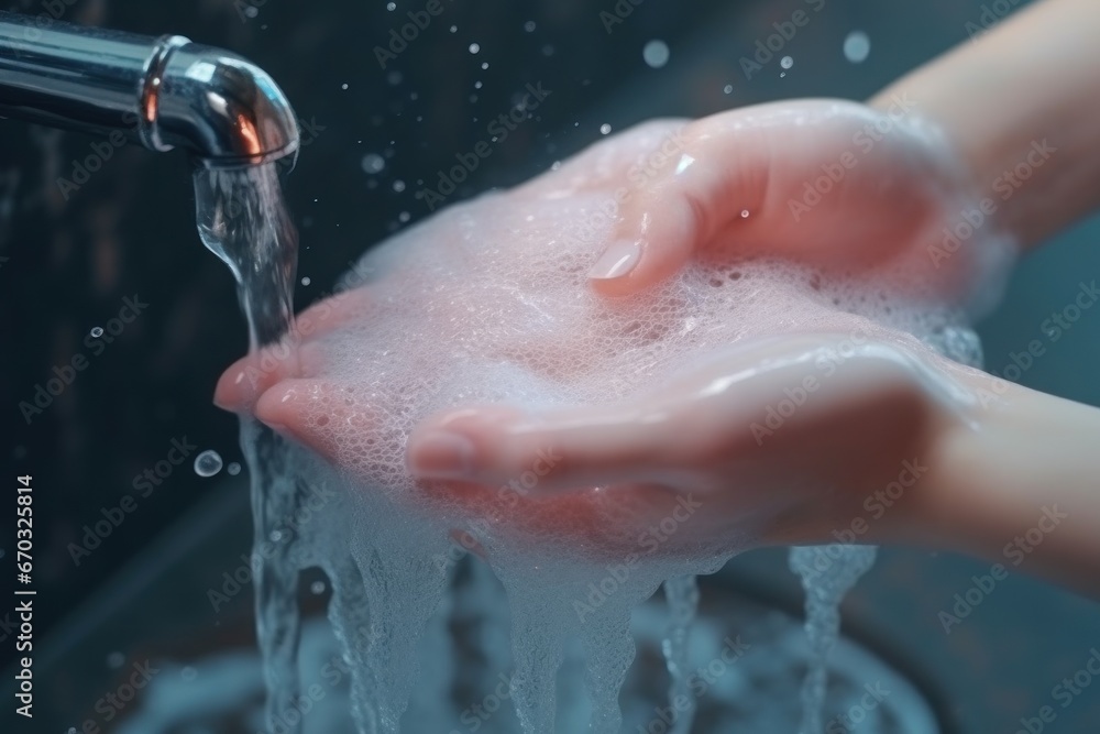 Fototapeta premium People use soap and washing hands under the water tap. Hygiene concept hand detail
