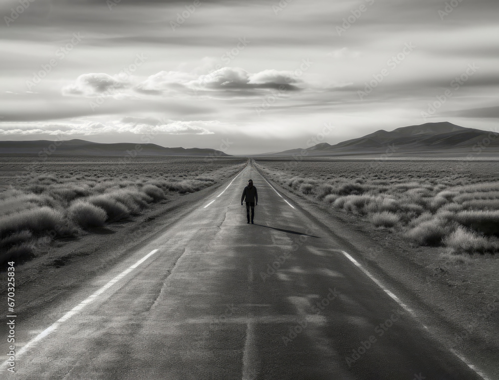 Fototapeta premium Journey Alone A Monochrome Stroll Through Solitude