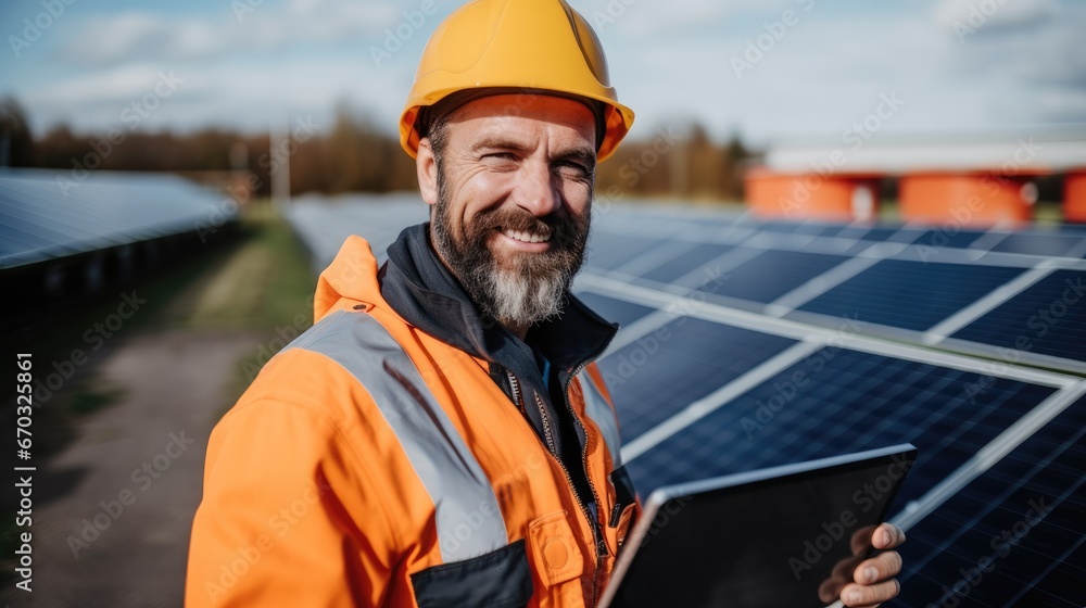 Technician using digital tablet near solar panels. Technician using digital tablet near solar panels.