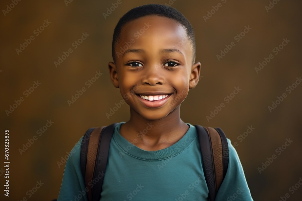 boy school african Smiling student children black happy education study elementary primary young american smile learning academic looking cute standing cheerful pupil casual attire - obrazy, fototapety, plakaty 