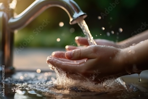 People use soap and washing hands under the water tap. Hygiene concept hand detail