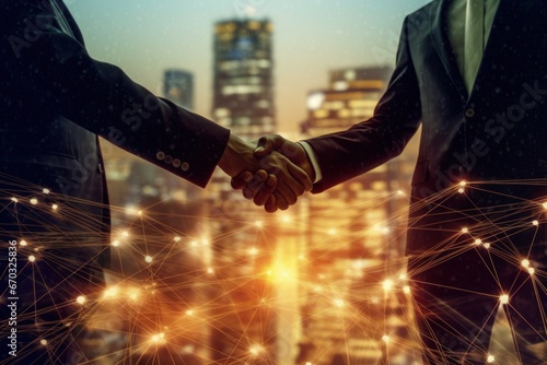Double exposure on business people closing a deal with a handshake
