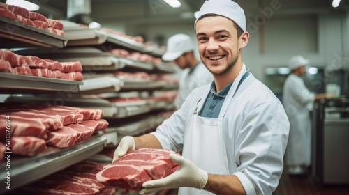 Meat industry worker gathering packed meat at a food factory, Food processing plant concept. photo