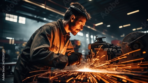 A factory worker polishing and grinding a cut metal professional pipe with sparks in the workshop. photo