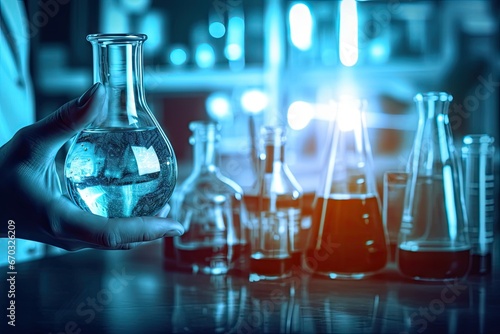 concept development research laboratory science background chemical glassware lab flask holding scientist hand pharmaceutical chemistry virus medicals pharmacy analysing beaker