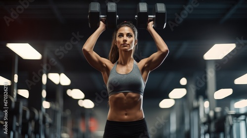 A strong sportswoman lifting dumbbells in a gym.