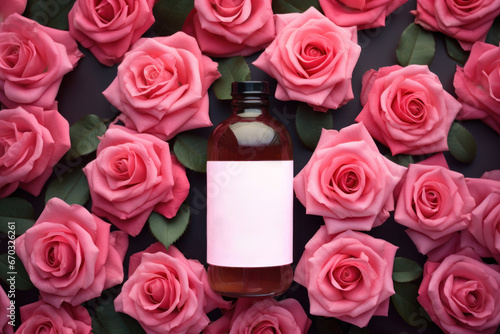 Glass Bottle Surrounded By Bright Pink Roses Label Product Mock Up Branding