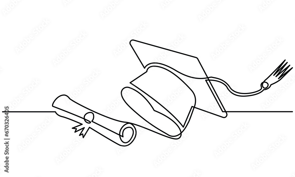 Single continuous line drawing of the graduation cap. graduation cap icon. concept of ongoing line graduation cap hat, education, graduation, success, black and white Vector illustration. Single continuous line drawing of the graduation cap. graduation cap icon. concept of ongoing line graduation cap hat, education, graduation, success, black and white Vector illustration.