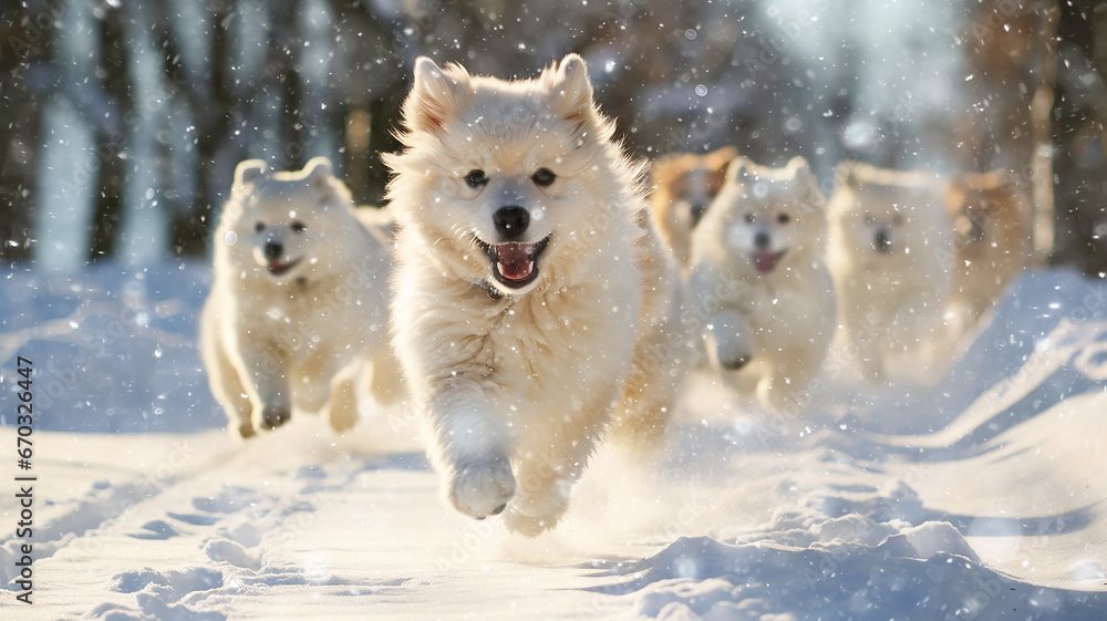 a group of cheerful dogs runs in dynamic poses through the winter fluffy snow on a frosty sunny day, fluffy pets, snowfall, Christmas snowflakes are falling