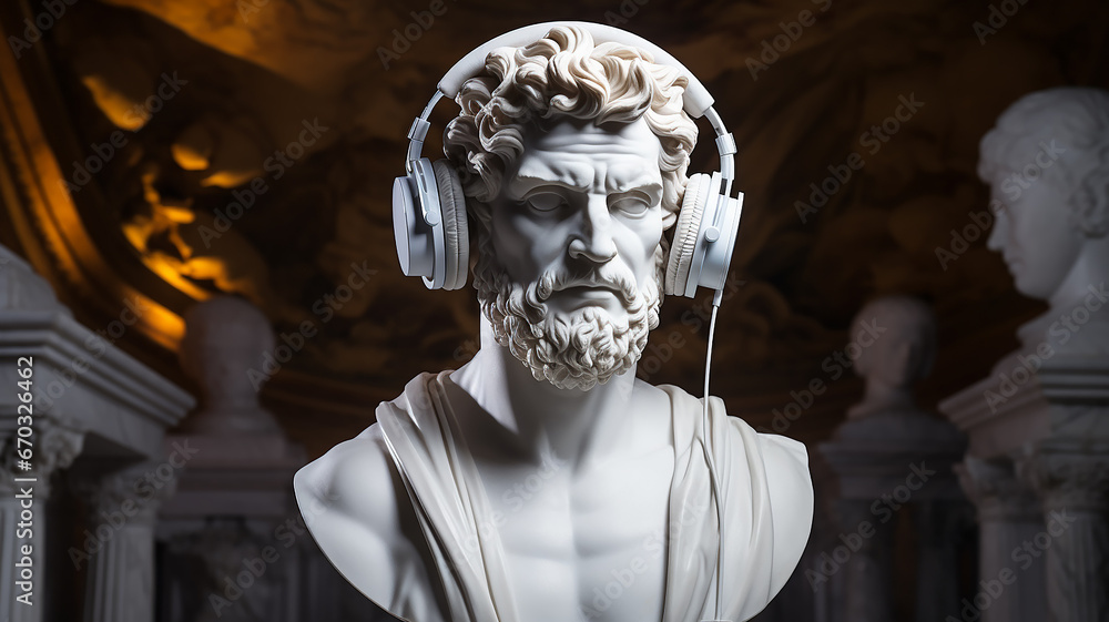 Obraz premium god listens to music, the head of an abstract fictional ancient male statue in modern music headphones, listens to music on a dark background, classical music