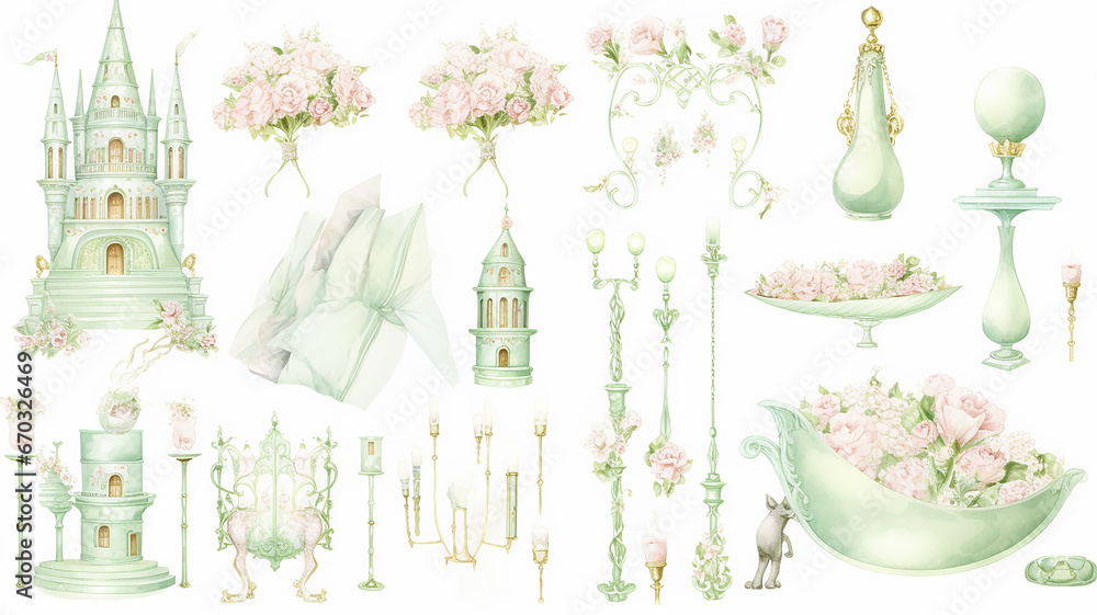 set collection of green delicate accessories of a fairy princess watercolor drawing isolated on a white background delicate soft mint color of spring set collection of green delicate accessories of a fairy princess watercolor drawing isolated on a white background delicate soft mint color of spring