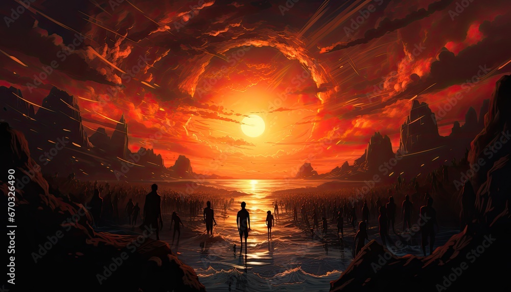 Obraz premium Illustration Depicting a Crowd Hastening to the Beach, Captivated by the Call of the Waves