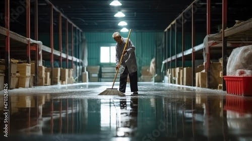 Male worker is cleaning factory hall. photo