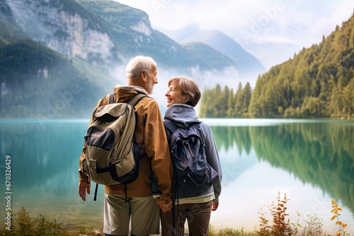 resting nature lake hiking couple pensioner senior   senior old age retired pensioner man woman male female couple people husband wife caucasian active adult hiker traveler holiday maker