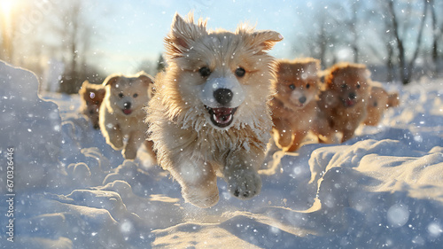 a group of cheerful dogs runs in dynamic poses through the winter fluffy snow on a frosty sunny day, fluffy pets, snowfall, Christmas snowflakes are falling photo