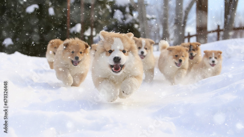 a group of cheerful dogs runs in dynamic poses through the winter fluffy snow on a frosty sunny day  fluffy pets  snowfall  Christmas snowflakes are falling