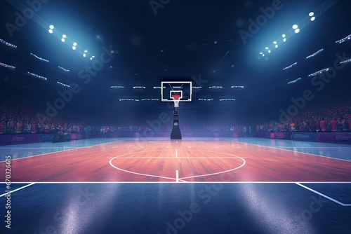 bacground defocus little cort all view wide court Basketball shine floor net illuminated glowing render location full equipment wood place shiny colours direction gym arena empty professional stadiu photo