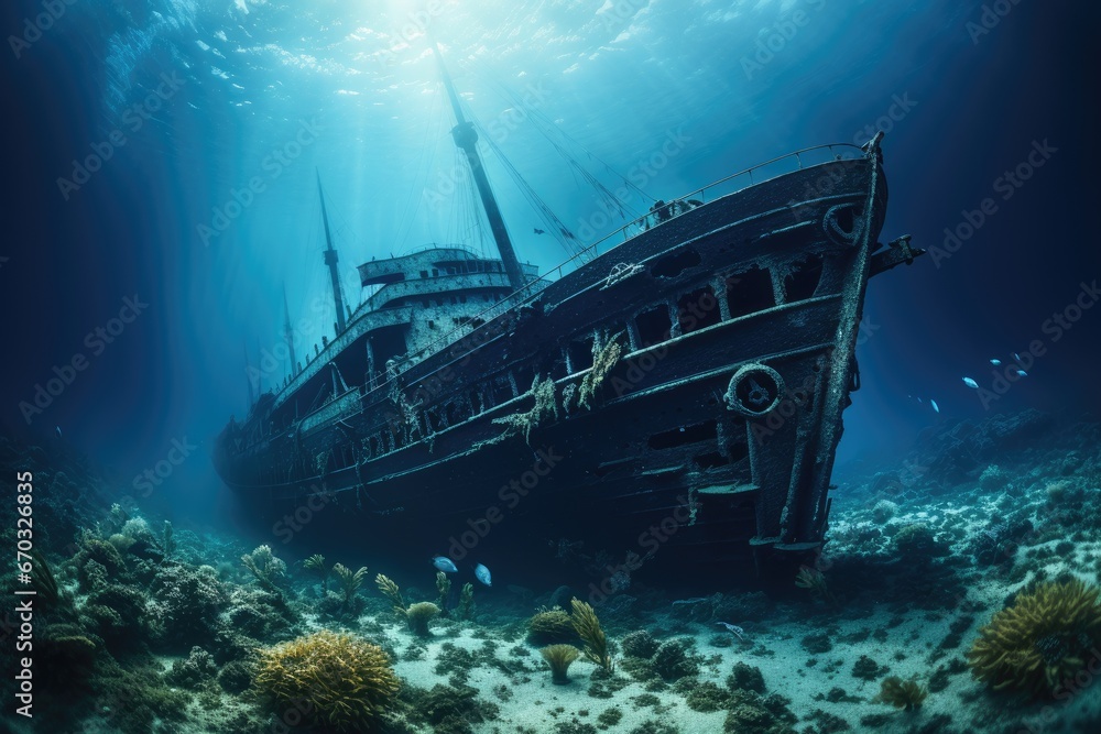 A view of the wreck of a sunken ship in the Red Sea, Titanic shipwreck lying silently on the ocean floor. The image showcases the immense scale of the shipwreck, AI Generated - obrazy, fototapety, plakaty 