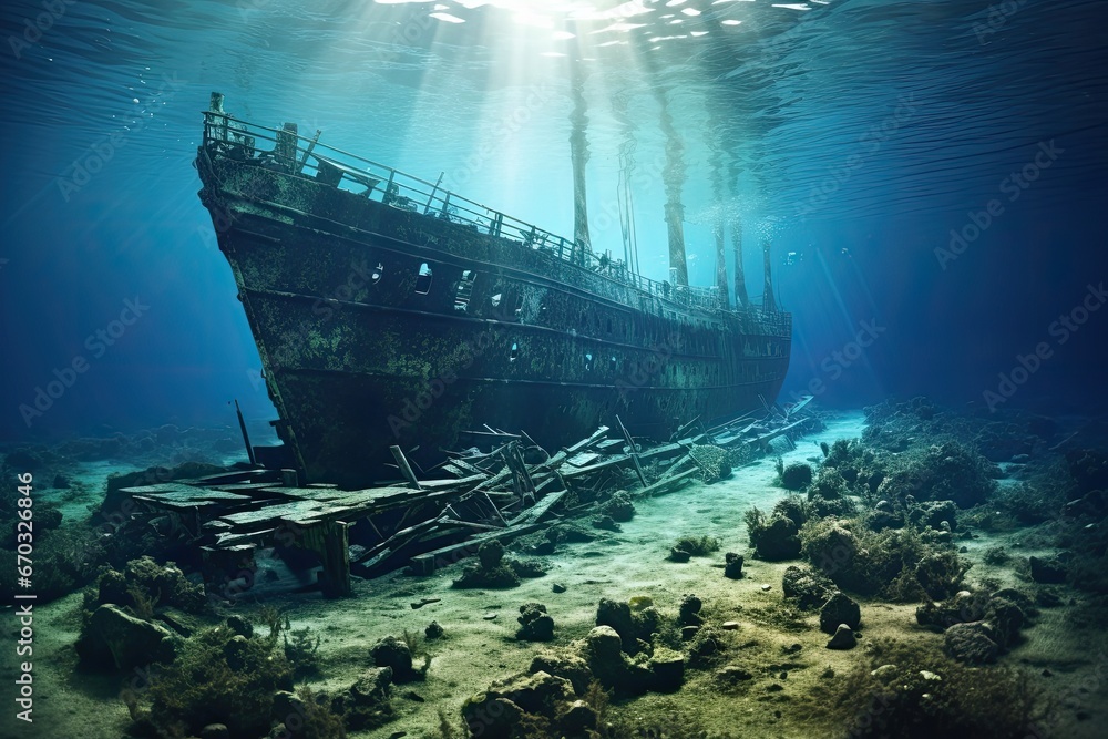 Sunken ship wreck in the blue ocean. Underwater view, Titanic shipwreck lying silently on the ocean floor. The image showcases the immense scale of the shipwreck, AI Generated - obrazy, fototapety, plakaty 