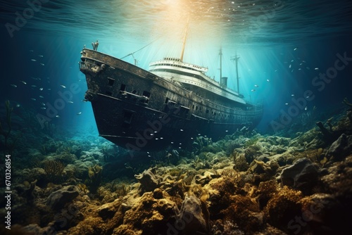 Shipwreck in the sea. Underwater world. 3d rendering, Titanic shipwreck lying silently on the ocean floor. The image showcases the immense scale of the shipwreck, with its fragmented, AI Generated © Ifti Digital